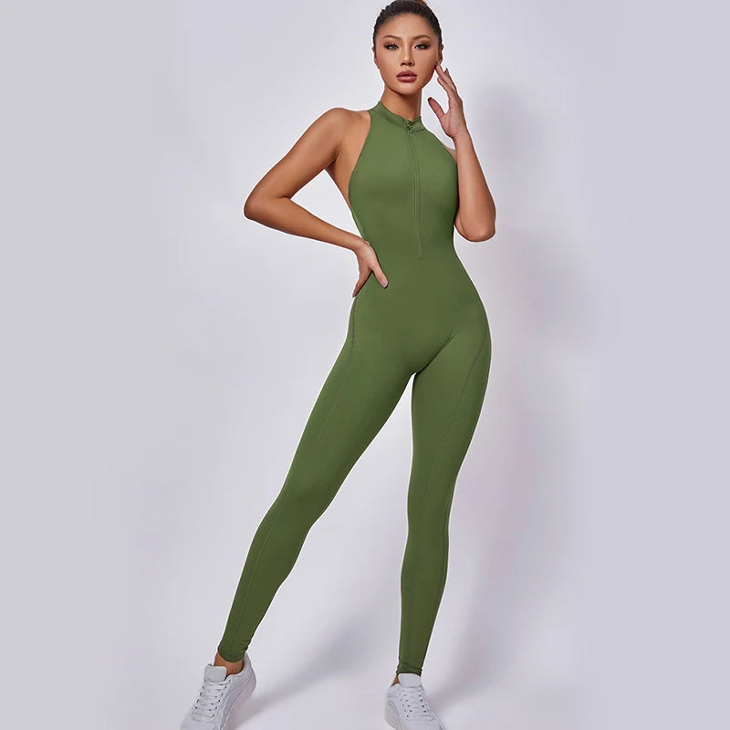 Women Sports Jumpsuit One-piece Suit Zipper Yoga Rompers Backless Sportswear Women Tracksuit Sleeveless Workout Bodysuits Female