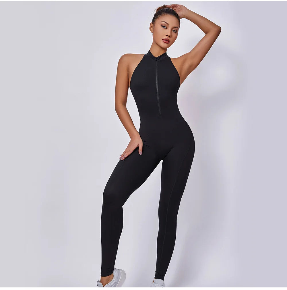 Women Sports Jumpsuit One-piece Suit Zipper Yoga Rompers Backless Sportswear Women Tracksuit Sleeveless Workout Bodysuits Female