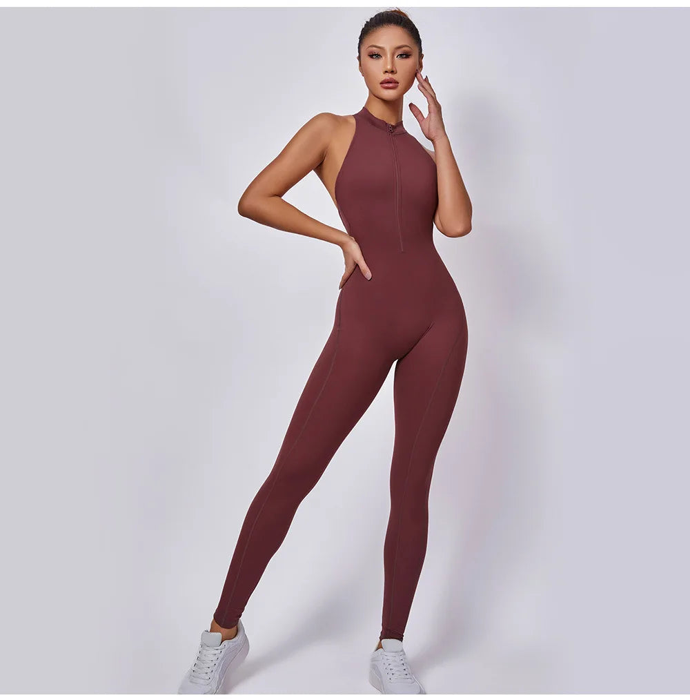 Women Sports Jumpsuit One-piece Suit Zipper Yoga Rompers Backless Sportswear Women Tracksuit Sleeveless Workout Bodysuits Female