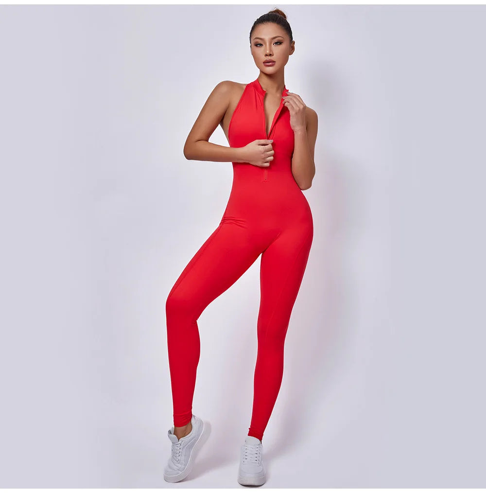 Women Sports Jumpsuit One-piece Suit Zipper Yoga Rompers Backless Sportswear Women Tracksuit Sleeveless Workout Bodysuits Female