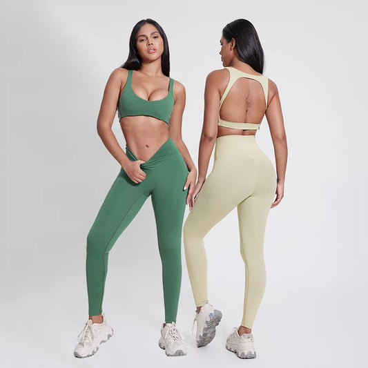 High Elastic Yoga Set Women Sport Suit Gym Sportswear Cutout Back Sports Bra Fitness Leggings Two Piece Outfits Workout Clothing