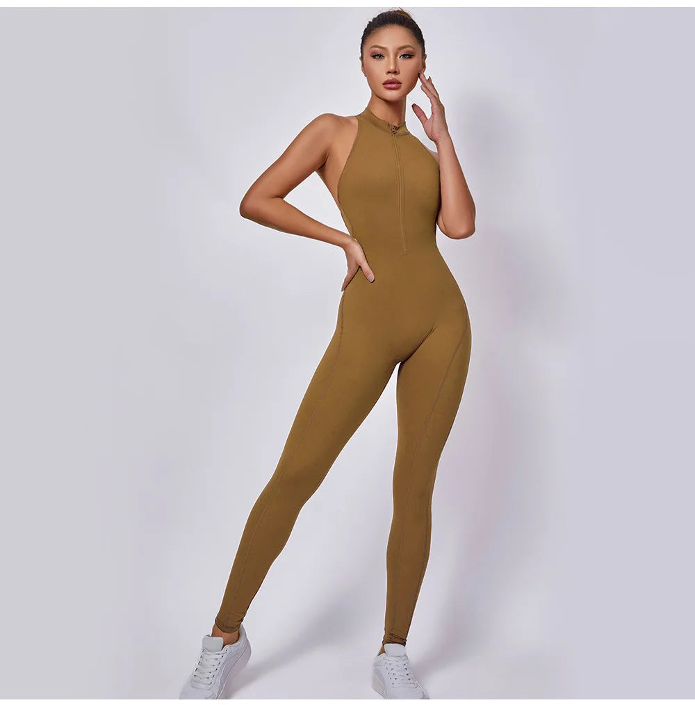 Women Sports Jumpsuit One-piece Suit Zipper Yoga Rompers Backless Sportswear Women Tracksuit Sleeveless Workout Bodysuits Female