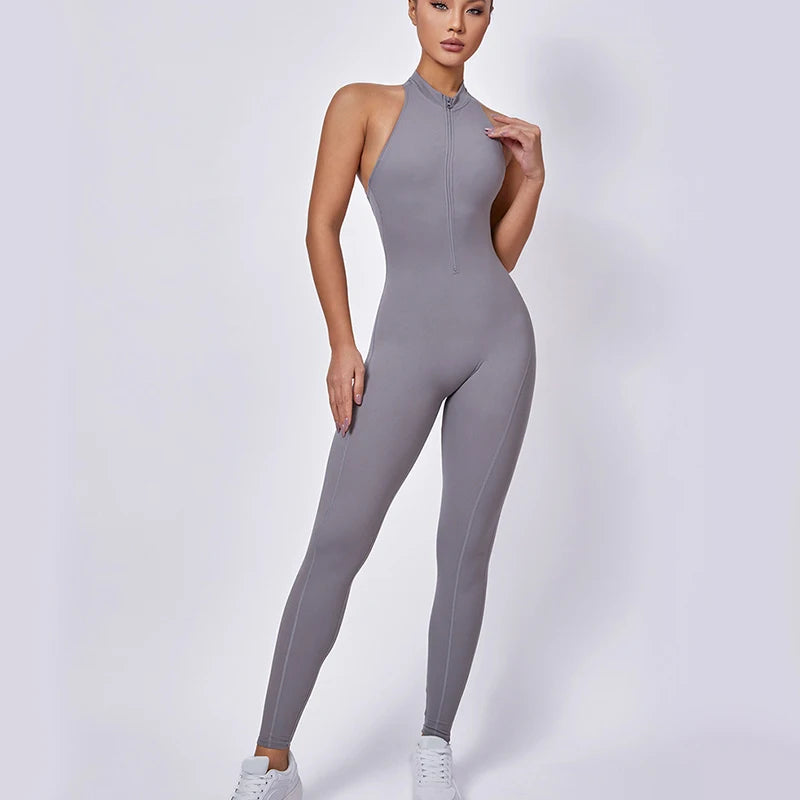 Women Sports Jumpsuit One-piece Suit Zipper Yoga Rompers Backless Sportswear Women Tracksuit Sleeveless Workout Bodysuits Female