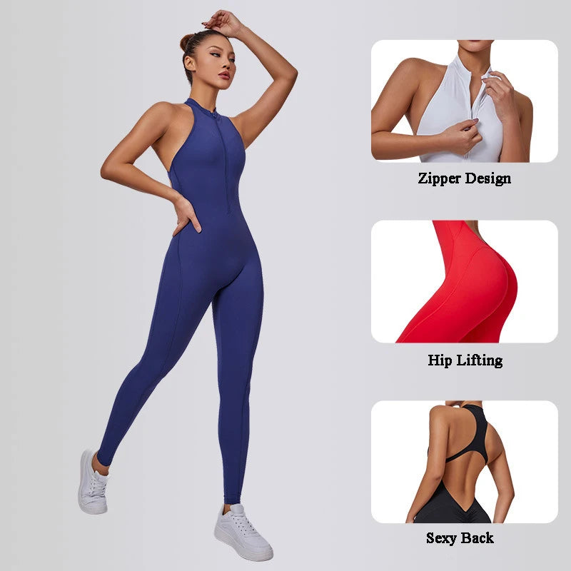 Women Sports Jumpsuit One-piece Suit Zipper Yoga Rompers Backless Sportswear Women Tracksuit Sleeveless Workout Bodysuits Female