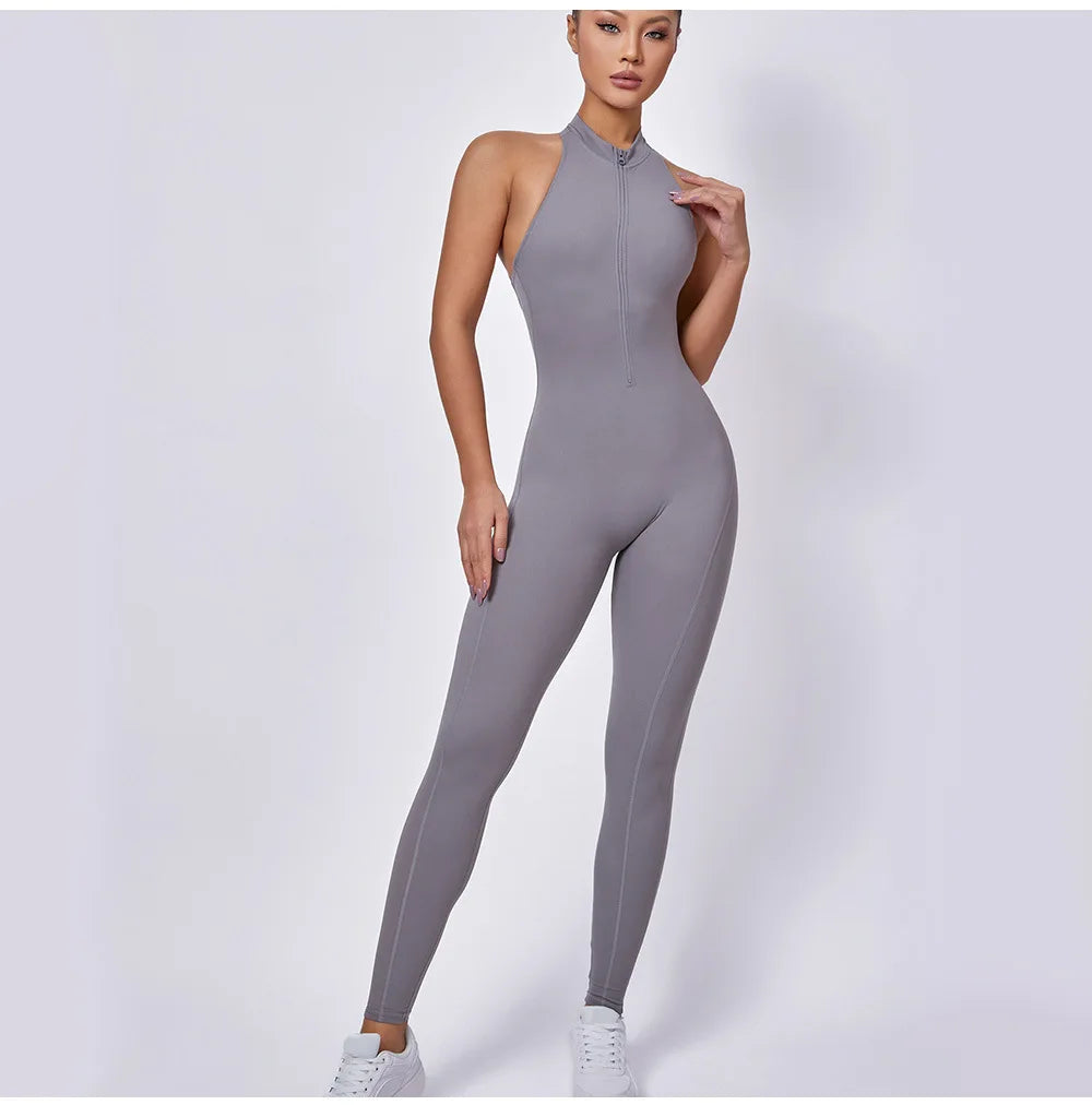 Women Sports Jumpsuit One-piece Suit Zipper Yoga Rompers Backless Sportswear Women Tracksuit Sleeveless Workout Bodysuits Female