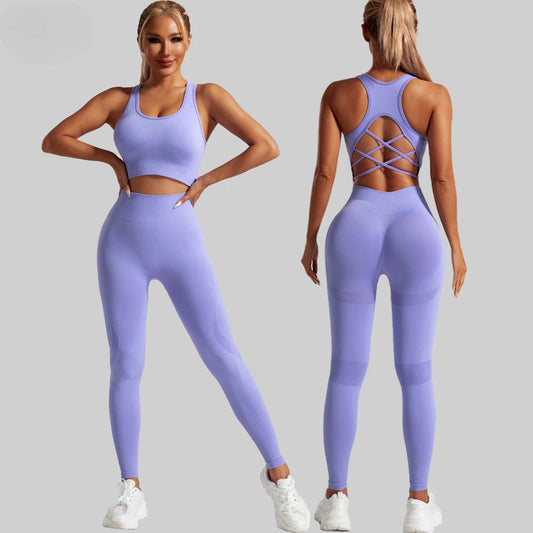 Seamless Yoga Set Two Piece Set Womens Outifits Workout Gym Set Fitness Clothing Tracksuit Backless Crop Top Leggings Sport Suit