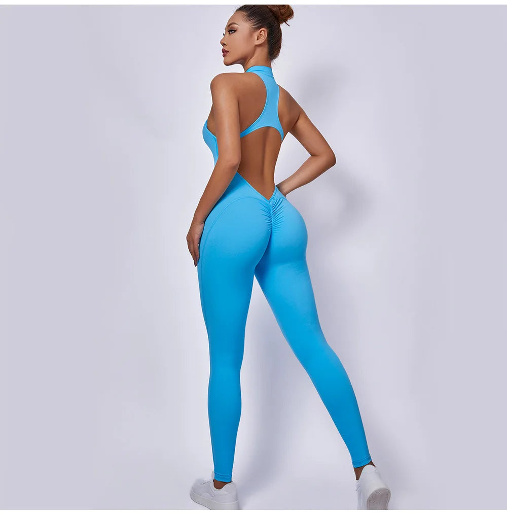 Women Sports Jumpsuit One-piece Suit Zipper Yoga Rompers Backless Sportswear Women Tracksuit Sleeveless Workout Bodysuits Female